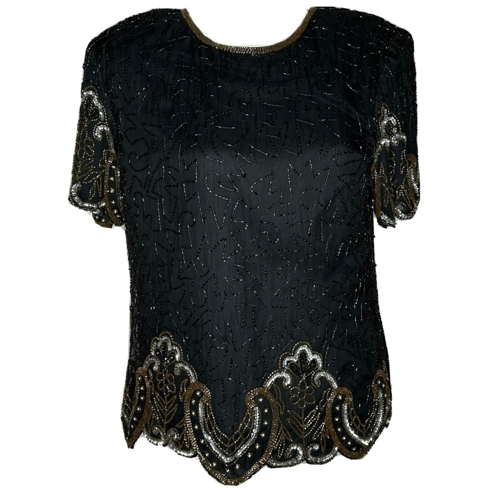 Vintage • 80s Beaded Black Silk Party Blouse Medium